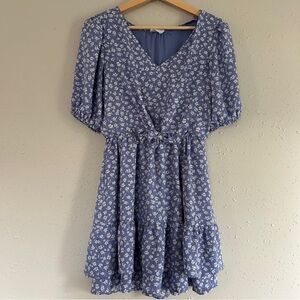 🦋 Sienna Sky Blue White Floral Puff Sleeve Mini Dress Casual Cottagecore Small